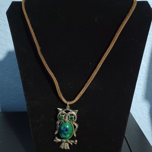 Vintage Silver-Tone Owl Pendant on Brown Suede Cord, 18" - Picture 1 of 3